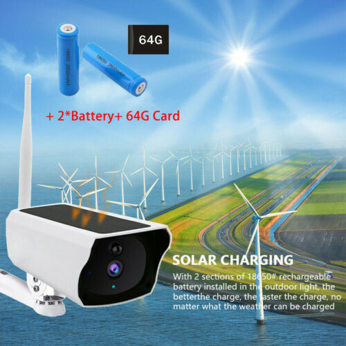 Wireless Solar IP Camera Wifi 1080P HD Outdoor Security IR Night +2*Battery +64G