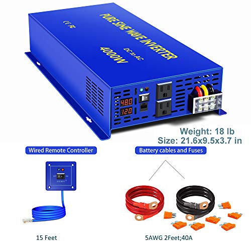 XYZ INVT Pure Sine Wave Power Inverter 4000W 48V DC to AC 110V 120V with 15ft Remote Controller, Surge Power 8000w, Power Converter for Solar...